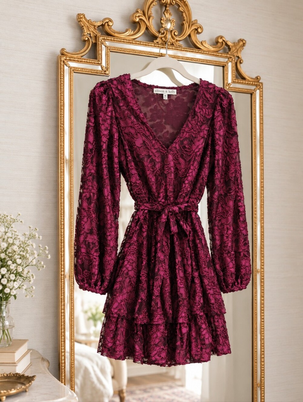 Burgundy Velvet Floral Lace Wrap Ruffle Dress in Medium